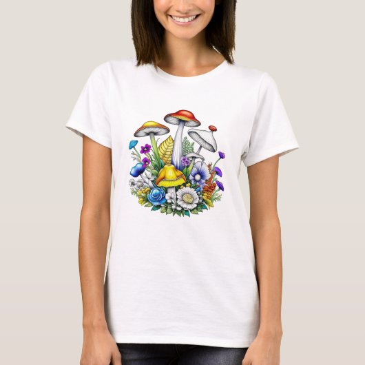 Whimsical Magic Mushrooms und Blume T-Shirt (Vorderseite)