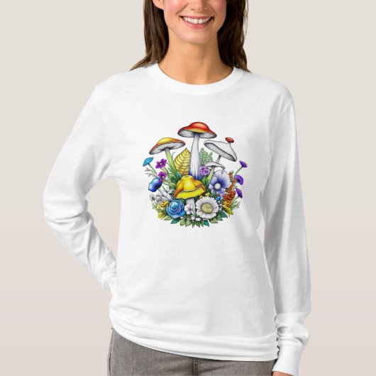 Whimsical Magic Mushrooms und Blume T-Shirt (Vorderseite)