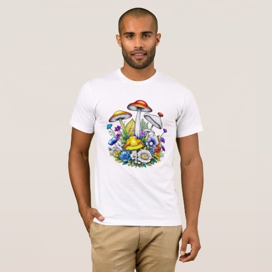Whimsical Magic Mushrooms und Blume T-Shirt (Vorne ganz)