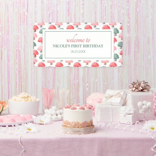 Whimsical Magic Niedliche farbenfrohe Pilze Geburt Banner (Party)
