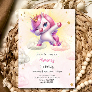 Whimsical magic pink dabbing unicorn Kindergeburts Einladung
