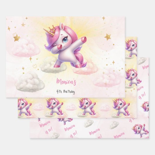 Whimsical magic pink dabbing unicorn Kindergeburts Geschenkpapier Set (Set)