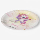Whimsical magic pink dabbing unicorn Kindergeburts Pappteller (Schrägansicht)
