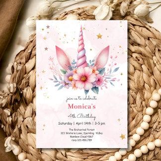 Whimsical magic pink unicorn horn Kindergeburtstag Einladung