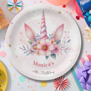 Whimsical magic pink unicorn horn Kindergeburtstag Pappteller