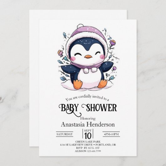 Whimsical Magical Pinguin Baby Dusche Einladung (Vorne/Hinten)