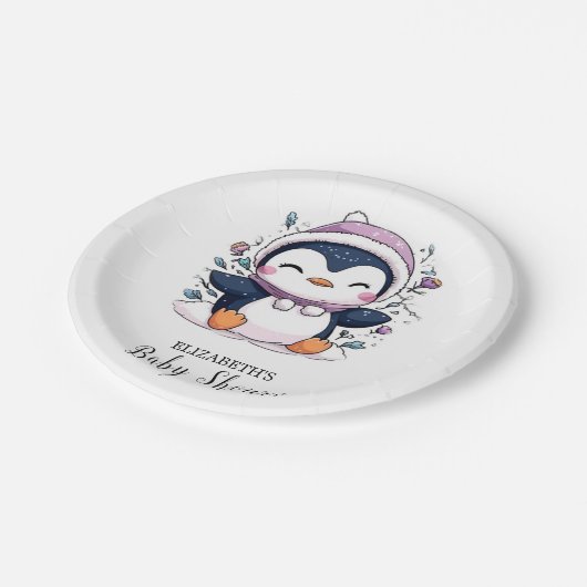 Whimsical Magical Pinguin Baby Dusche Pappteller (Schrägansicht)