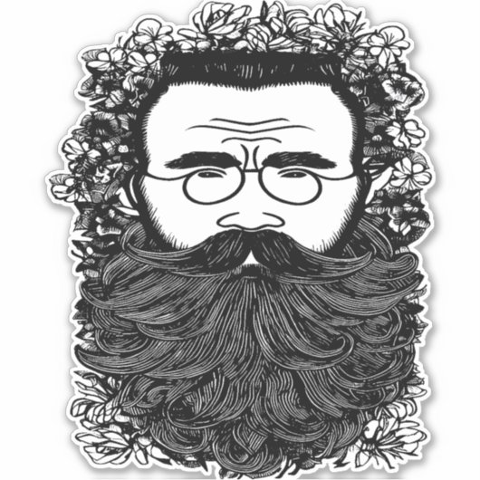 Whimsical Man Beard Mustache Blume Art Aufkleber (Vorderseite)