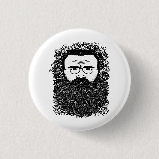 Whimsical Man Beard Mustache Blume Art Button (Vorderseite)