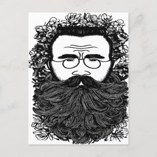 Whimsical Man Beard Mustache Blume Art Postkarte