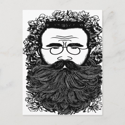 Whimsical Man Beard Mustache Blume Art Postkarte (Vorderseite)