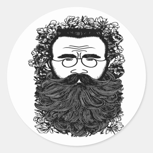 Whimsical Man Beard Mustache Blume Art Runder Aufkleber (Vorderseite)