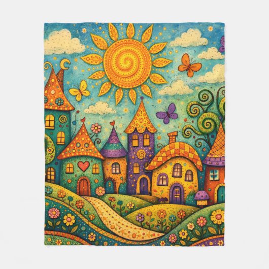 Whimsical Märchen Dorf Farbige Leinwand Kunst Fleecedecke (Vorderseite)