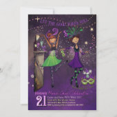 Whimsical Mardi Gras Dancing Girls Green & Purple  Einladung (Vorderseite)