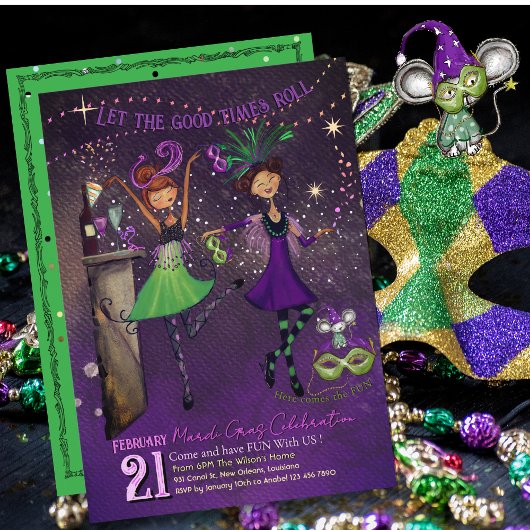Whimsical Mardi Gras Dancing Girls Green & Purple  Einladung