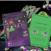 Whimsical Mardi Gras Dancing Girls Green & Purple  Einladung