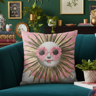 Whimsical Maximalist Celestial Sun Pink Floral Sun Kissen