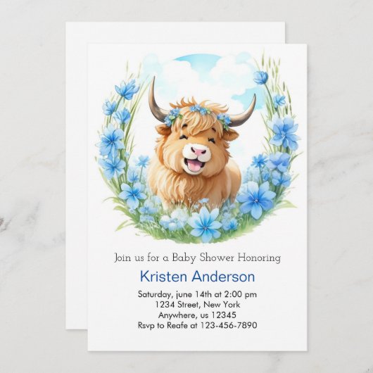 Whimsical Meadow Highland Cow Boy Baby Shooter Einladung (Vorne/Hinten)