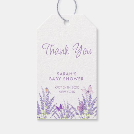 Whimsical Meadow Lavender Butterfly Babydusche Geschenkanhänger (Vorderseite)