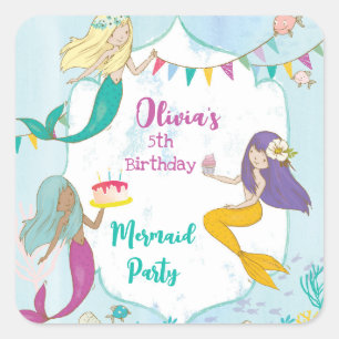 Whimsical Mermaid Birthday Party Quadratischer Aufkleber