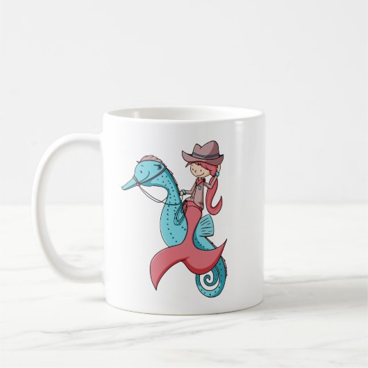 Whimsical Mermaid Cowgirl mit Hut und Seepferd Kaffeetasse (Links)