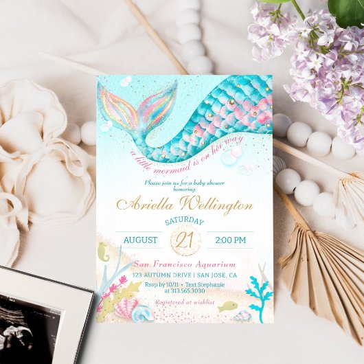 Whimsical Mermaid Girl Baby Dusche Aquamarin Pink Einladung