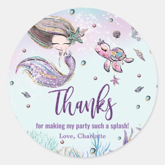 Whimsical Mermaid Under Sea Birthday Gefallen Runder Aufkleber (Vorderseite)