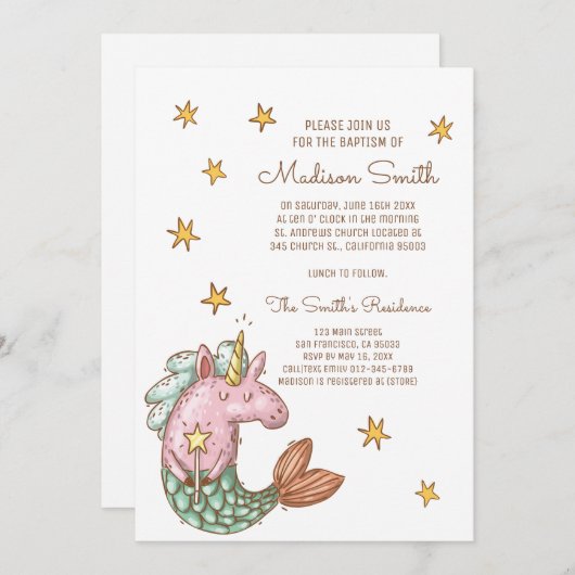 Whimsical Mermaid Unicorn Stars Taufen Einladung (Vorne/Hinten)