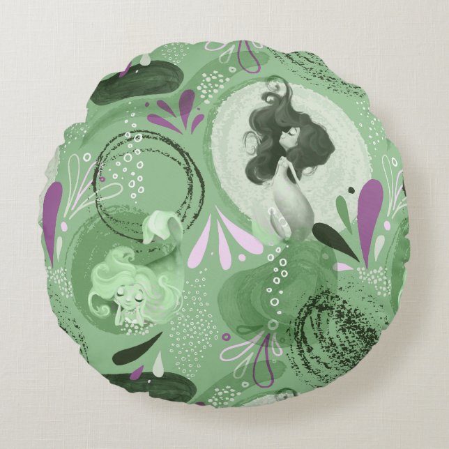 Whimsical Mermaids Green Abstrakt Print Rundes Kissen (Vorderseite)