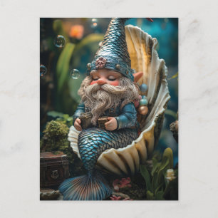 Whimsical Merman Gnome Figurine in Seashell - Unde Feiertagspostkarte