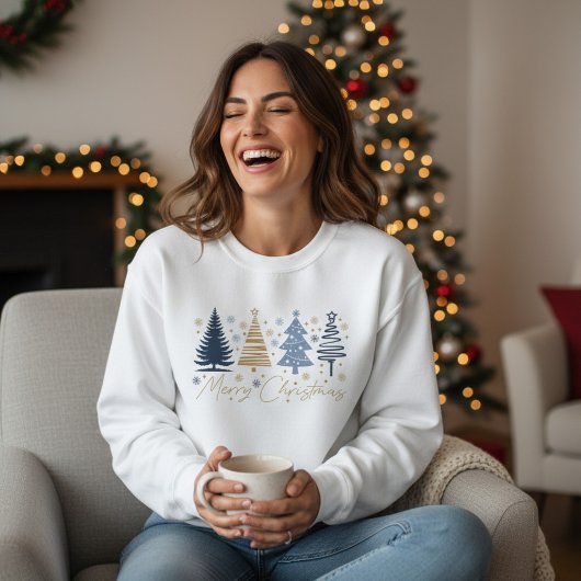 Whimsical Merry Christmas Festive Trees Blue Gold Sweatshirt