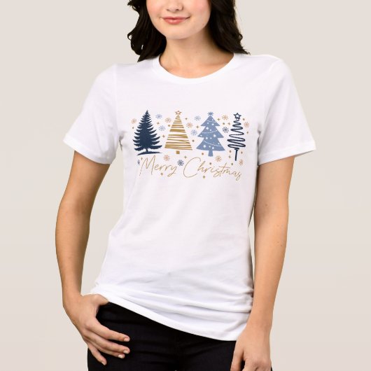 Whimsical Merry Christmas Festive Trees Blue Gold Tri-Blend Shirt (Vorderseite)