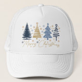 Whimsical Merry Christmas Festive Trees Blue Gold Truckerkappe (Vorderseite)