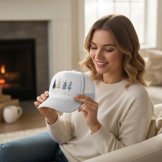 Whimsical Merry Christmas Festive Trees Blue Gold Truckerkappe