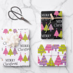 Whimsical Merry Christmas Trees Geschenkpapier Set<br><div class="desc">Ein skurriles und niedliches Set mit ähnlichen Mustern,  mit rosa,  lila und grünen Bäumen mit "Frohe Weihnachten". Weiß und schwarz.</div>