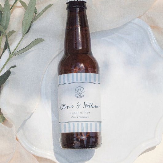 Whimsical Minimal Retro Blue Stripes Wedding Bierflaschenetikett
