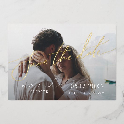 Whimsical Minimal Script Foto Save the Date Foil Folieneinladung (Vorderseite)