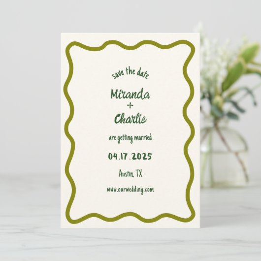 Whimsical Minimal Wavy Border Handgeschriebene Läs Save The Date (Stehend Vorderseite)