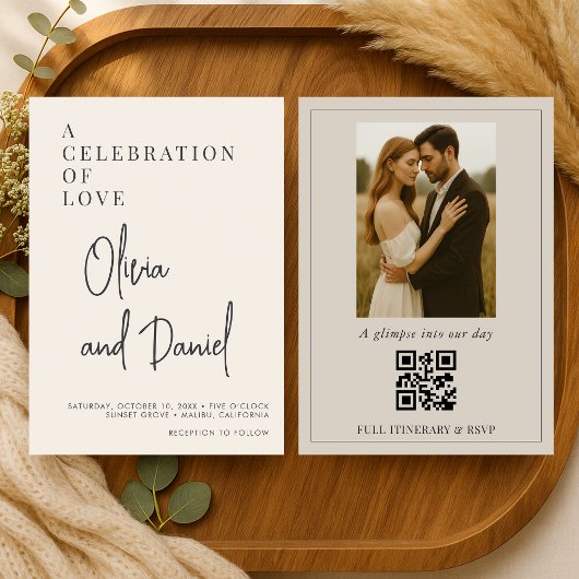 Whimsical Minimalist Script Photo QR Code Wedding Einladung