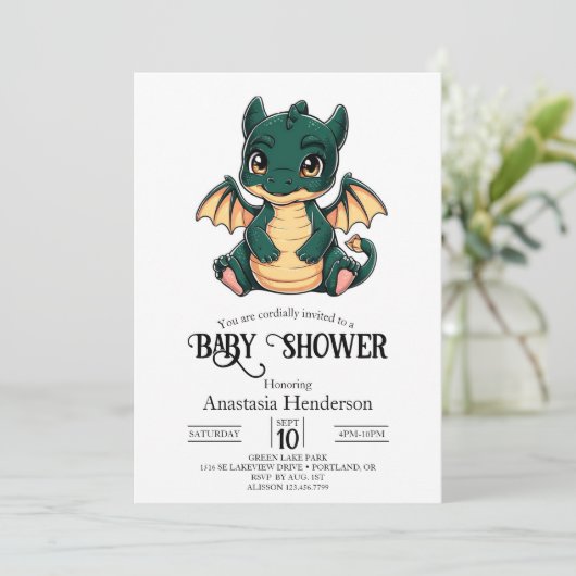 Whimsical Minimalistisch Digital Dragon Baby Dusch Einladung (Stehend Vorderseite)