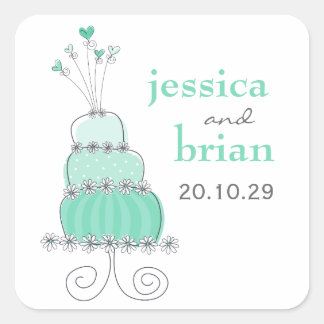 Whimsical Mint Green Sweethearts Chic Wedding Cake Quadratischer Aufkleber