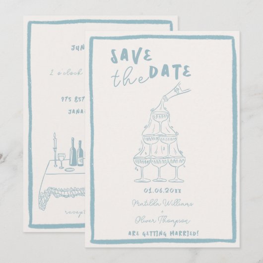 Whimsical Misty Blue Save the Date Einladung (Vorne/Hinten)