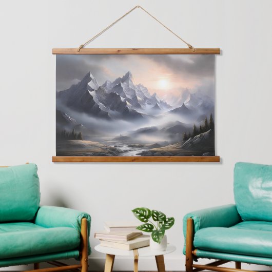 Whimsical Misty Mountain Landschaft Wandteppich Mit Holzrahmen (Wohnzimmer)