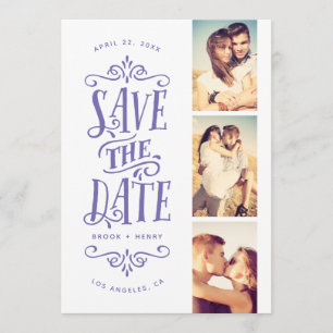 Whimsical Mod 3-Foto Save the Date Lavendelblau