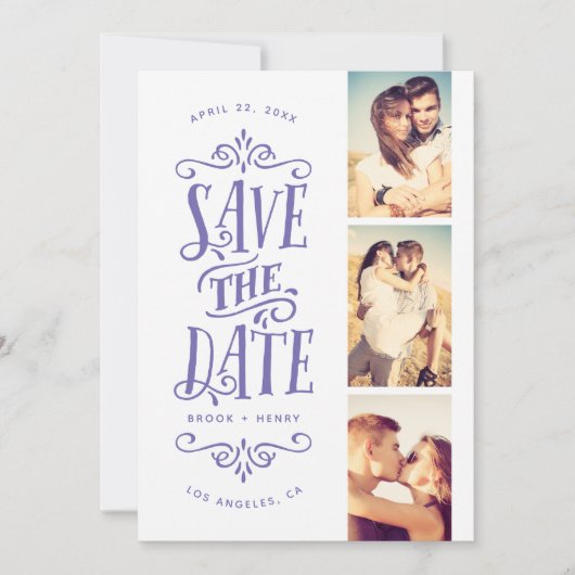 Whimsical Mod 3-Foto Save the Date | Lavendelblau (Vorderseite)