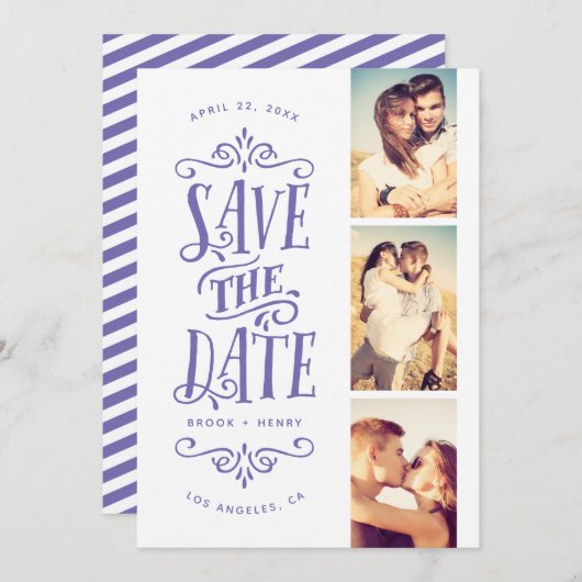 Whimsical Mod 3-Foto Save the Date | Lavendelblau (Vorne/Hinten)
