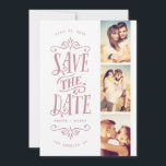 Whimsical Mod 3-Foto Save the Date | Malvenfarben<br><div class="desc">Mit dieser 3-Foto-Save the Date-Karte mit fett formatierter Typografie können Sie Ihr Datum stilvoll verkünden. Die Rückseite weist ein Streifen und ein zusätzliches Foto und Text auf.</div>
