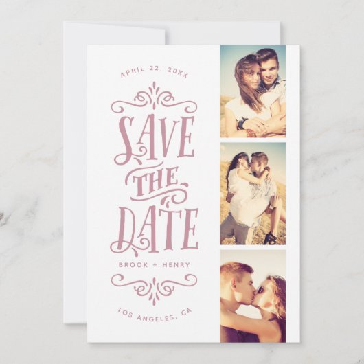 Whimsical Mod 3-Foto Save the Date | Malvenfarben (Vorderseite)
