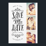 Whimsical Mod 3-Foto Save the Date | Schwarz<br><div class="desc">Mit dieser 3-Foto-Save the Date-Karte mit fett formatierter Typografie können Sie Ihr Datum stilvoll verkünden. Die Rückseite weist ein Streifen und ein zusätzliches Foto und Text auf.</div>