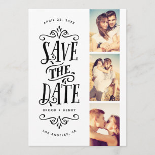 Whimsical Mod 3-Foto Save the Date   Schwarz